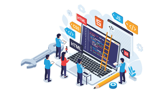 Web developers and programmers working together around giant laptop with code on screen and various programming language tags floating.