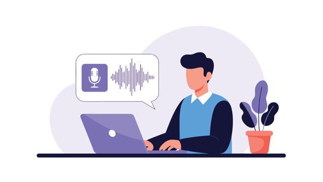 Focused male employee using laptop computer to record or listen to voice messages represented by audio waveform in speech bubble icon.