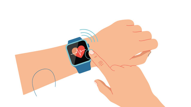 Close up view of person wearing blue smartwatch on wrist showing red heart rate monitor and pulse graph during fitness activity.