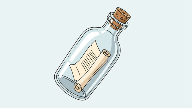 Classic message in a bottle illustration with a scrolled paper letter inside a glass bottle corked with a stopper.