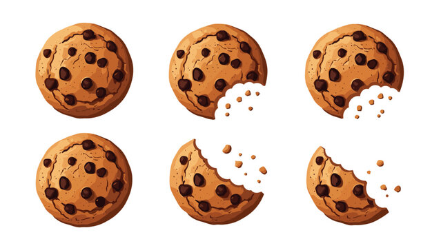Delicious chocolate chip cookies displayed in different stages of being eaten with crumbs and bite marks showing.