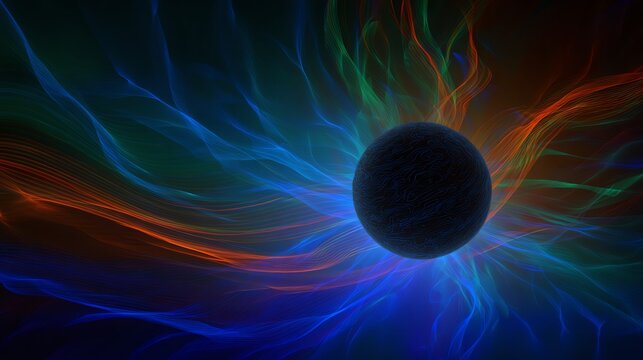 Abstract cosmic energy waves surrounding a dark celestial body.