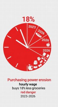 A red clock graphic illustrates the erosion of purchasing power, showing an 18% decrease in grocery buying capacity for hourly wages between 2023 and 2026