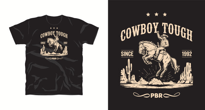 Cowboy tough since 1992 PBR t-shirt design with rodeo rider on bucking horse in desert landscape