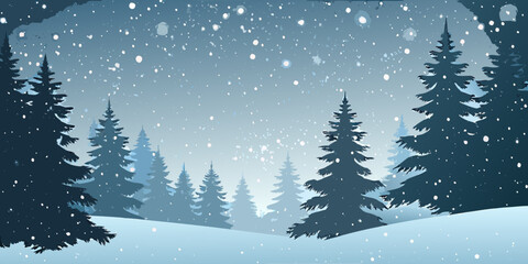 A serene winter landscape with snow falling among dark evergreen trees © Topoti