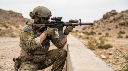 Fototapeta premium Soldier in Tactical Gear Aiming Rifle on Desert Terrain Background