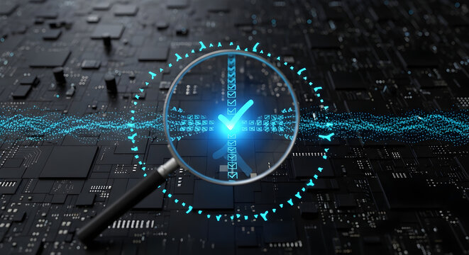 Digital security verification concept with magnifying glass on circuit board and glowing checkmark