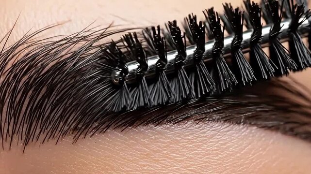 Detail of brushing natural eyebrows with a black mascara wand