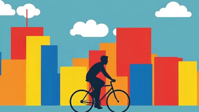 Silhouette of a person riding a bicycle through a colorful abstract city