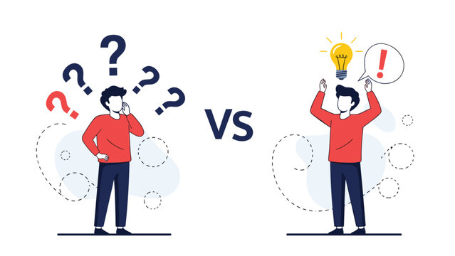 Comparison of a person feeling confused with many question marks versus a person having a brilliant idea with a glowing lightbulb.