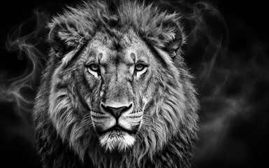 Fototapeta premium Majestic lion with smoke swirls intense gaze monochrome drama against