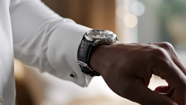 Hands adjusting wristwatch closeup executive routine, white shirt cuff, stainless steel case and leather strap, fingers fastening clasp, soft bokeh background, morning preparation, focused