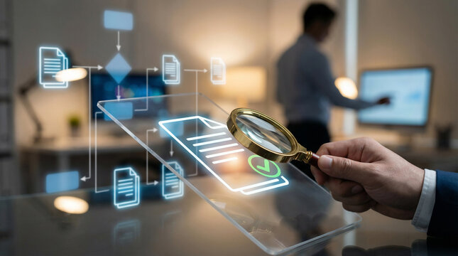 Magnifying glass focuses on a digital document with a green checkmark, symbolizing file verification, data approval, audit, search and secure document review in a high-tech digital environment.