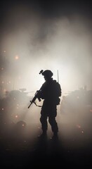 Naklejka premium Silhouette of Soldier in Fog with Gun During Military Operation