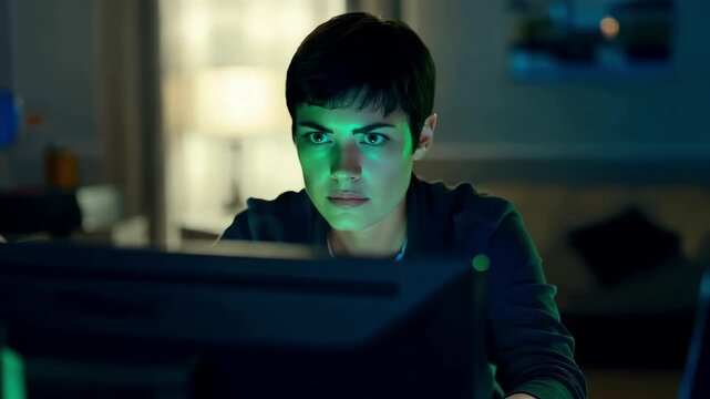 Caucasian woman coding at glowing monitor, magenta and cyan light, short haircut and intense stare, latenight desk workspace, keyboard typing and deep concentration, focused developer