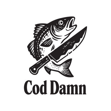 Vintage Cod Damn Fishing Graphic with Chef Knife and Rustic Woodcut Style Illustration