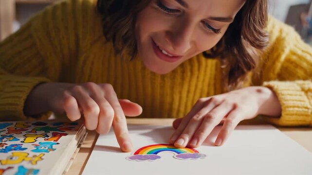 Woman placing rainbow sticker on paper in cozy studio wearing yellow sweater focused hands arranging colorful decal onto white sheet smiling mindful crafting detailed closeup playful art