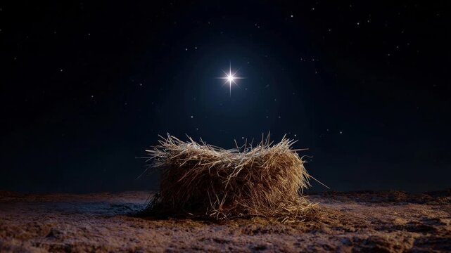 A tranquil nativity scene, with a manger illuminated under a radiant star, and evokes a sense of peace and hope. ..Created with Generative AI, not depicting real subjects.
