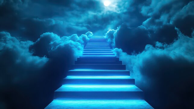 Ethereal Glowing Stairway to Heaven Ascending Through Night Clouds and Moonlight
