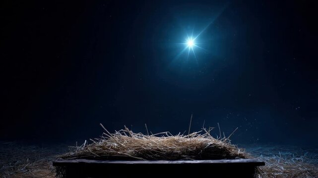 An empty manger stands illuminated beneath a radiant star, evoking the essence of a serene nativity scene. ..Created with Generative AI, not depicting real subjects.