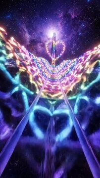 Vibrant Rainbow Neon Glowing Heart Roller Coaster Track Forming Wave Hill Across Galactic Outer Space Celestial Abstract Motion Background Texture Artistic Surreal Dreamscape Concept