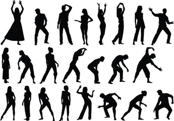Fototapeta premium Large Vector Collection of Diverse People Silhouettes Dancing Posing and Moving in Casual Outfits for Party Celebration Fashion Event and Active Lifestyle Graphic Design