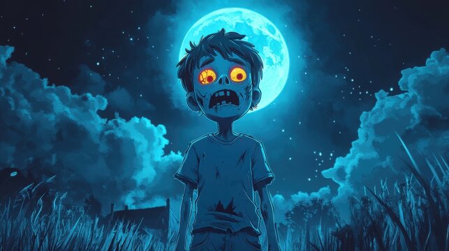 Boy creepy zombie, halloween landscape. Funny cheerful facial expression, 3d style cartoon character