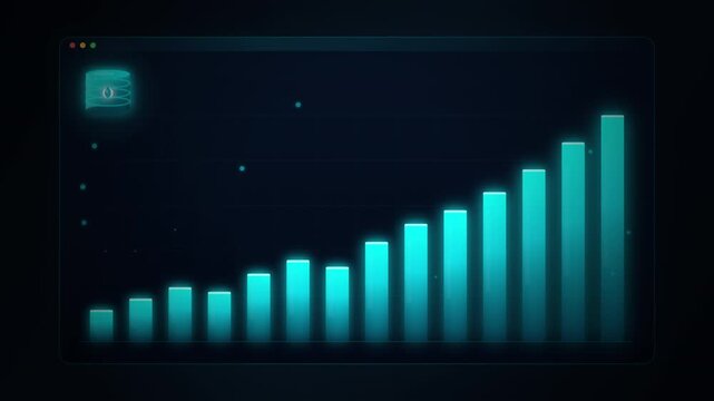 Rising bar chart with oil database icon on dark interface. Energy price increase shown through upward trend. Petroleum market growth and commodity analysis concept.