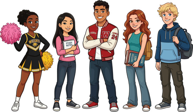 Diverse group of happy high school students, cheerleader, athlete, and scholars standing together for education and campus life, vector illustration