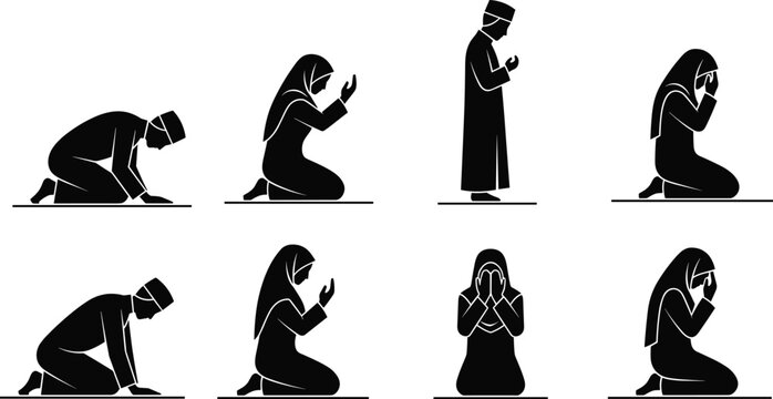 Muslim Man and Woman Silhouette Set Performing Islamic Prayer Postures Sujud Ruku and Dua Supplication for Religious Education and Design
