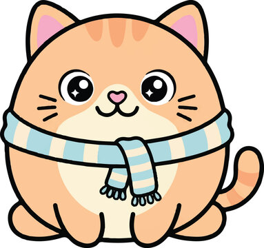 Simple cute vector character, round cat with big eyes wearing a tiny scarf, flat illustration style, pastel colors, thick black outlines, isolated on white background