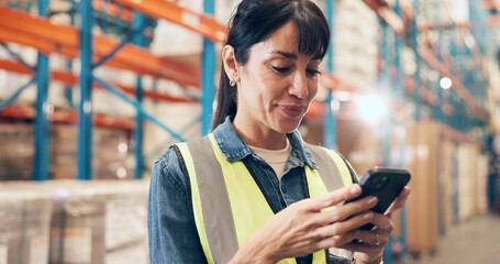 Logistics, supplier and woman with smartphone in warehouse, distribution or chat with contact on...