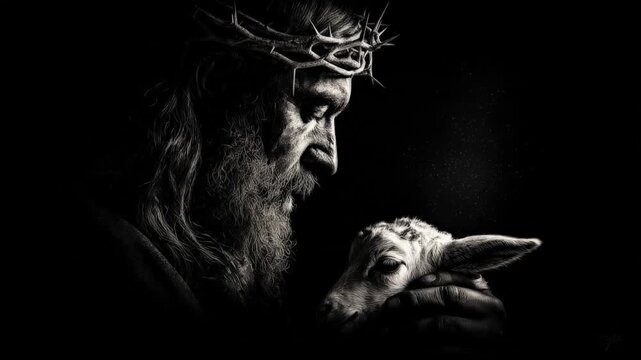 A striking image depicts a figure with a crown of thorns holding a lamb, a powerful symbol of faith and sacrifice. ..Created with Generative AI, not depicting real subjects.