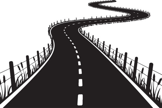 Winding country road with fence and grass isolated silhouette on transparent background vector