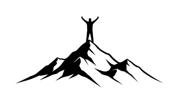 Person Victory Silhouette on Snow Mountain Peak Vector