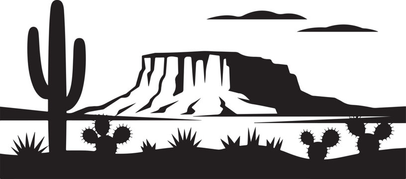 Desert landscape silhouette, cactus plants, rock formations, mesas, clouds, arid environment, western scene, isolated background