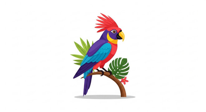 A colorful parrot perched on a branch with tropical leaves in a vibrant illustration