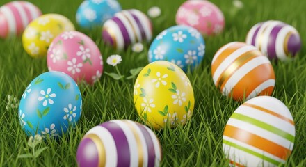 Fototapeta premium Colorful easter eggs arranged playfully on a grassy field under sunlight