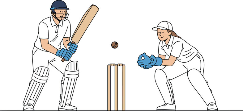 Cricket players batting and wicketkeeping illustration, sports match action scene, teamwork and competition concept, outdoor game, vector design athletes