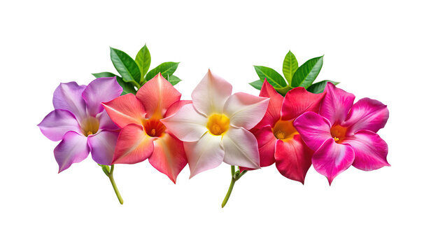 Radiant Row of Colorful Mandevilla Flowers and Fresh Green Leaves Displayed Gracefully