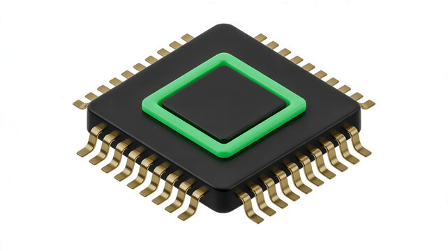 An electronic component with a black base and green outline is shown on a white background