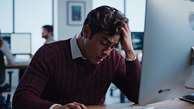 Young Professional Working Thoughtfully at Computer - A young man sits at his computer in a modern open office space, looking thoughtful and focused as he works on a task.