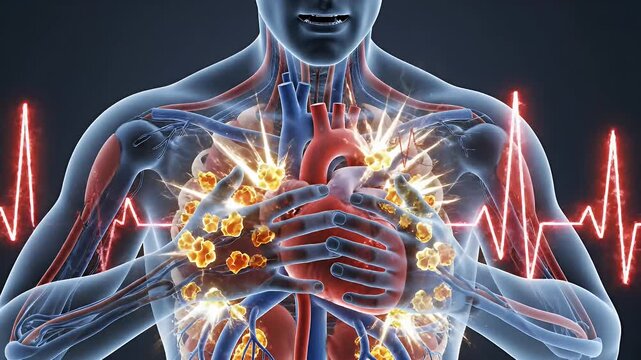 Heart Disease Illustration with Pain - An illustration showing a human body with an inflamed heart experiencing pain, representing cardiovascular disease.