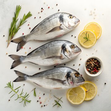Three whole sea bream fish arranged horizontally with lemon wedges and scattered spices beside them