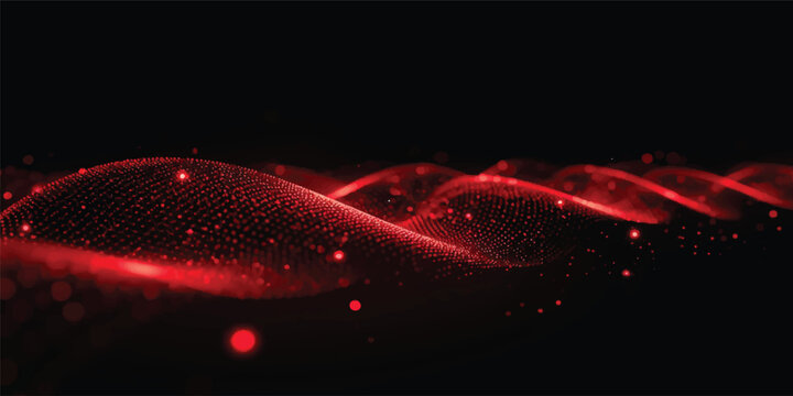 An abstract red background featuring glowing particles and energy waves creates a dynamic motion pattern with fire and light textures on a dark black backdrop