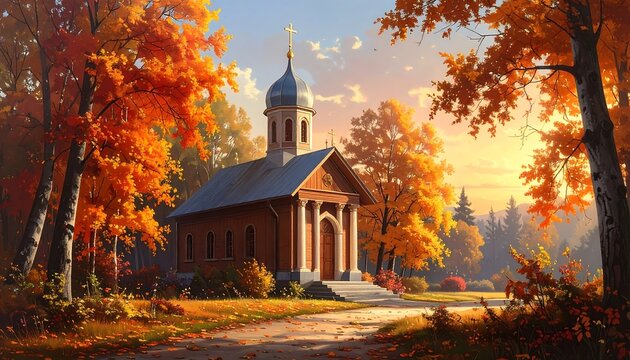 A serene church surrounded by vibrant autumn trees at sunset