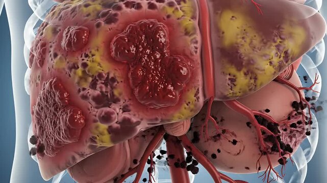 Liver Illustration Showing Dysfunction - This illustration depicts a diseased human liver with significant inflammation and functional decline.