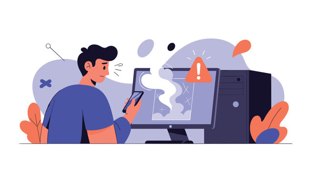 Worried man looking at a smoking computer screen with an exclamation mark warning indicating technical failure or hardware error.