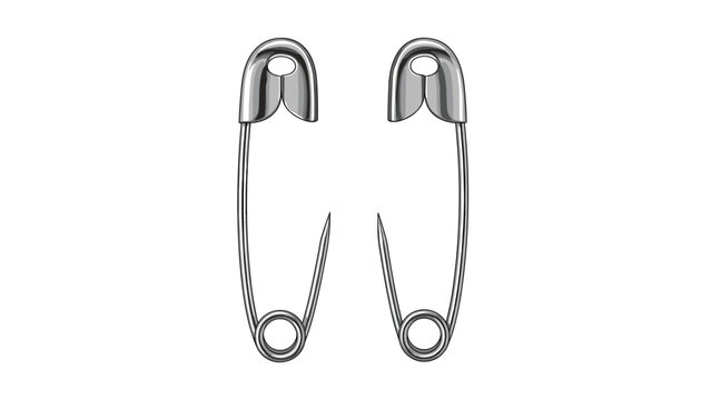 Detailed illustration of two shiny metal safety pins placed vertically side by side against a solid white background for sewing and crafts.