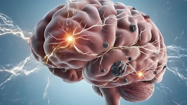 Human Brain Illustration with Inflammation - This illustration depicts a human brain with areas of inflammation and associated vessels.